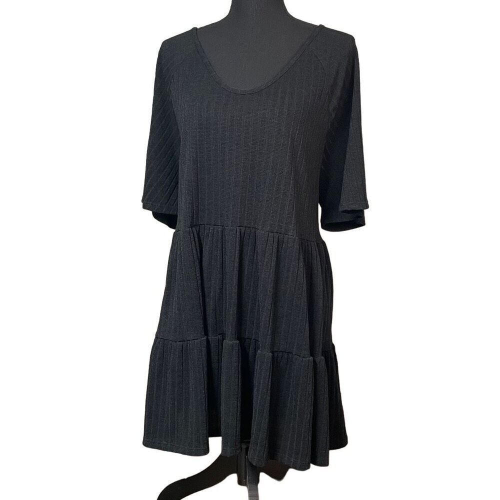 ChicSoul Black Ribbed Lightweight Tiered Babydoll Top